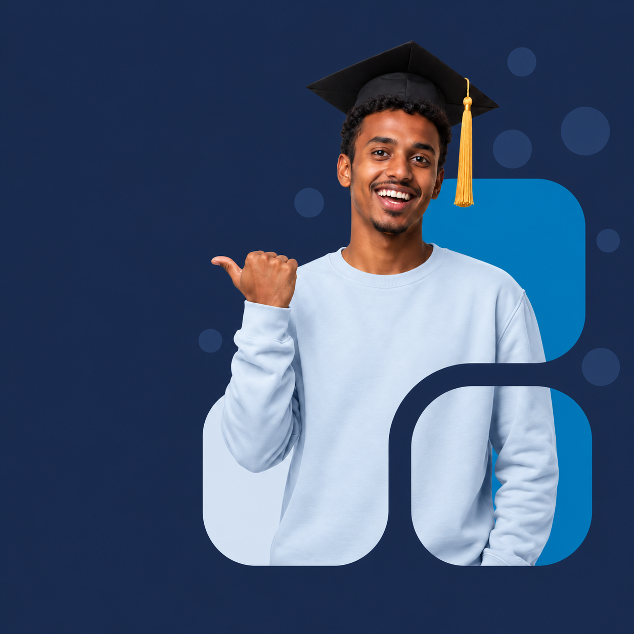 Somali graduate with blue and pale-blue shapes on Hangool navy background